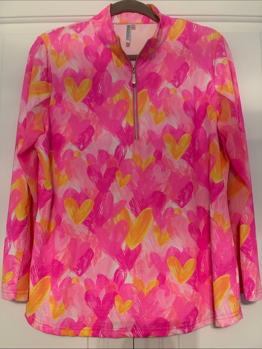 Beachtime by Lulu-B: Women’s Pink & Yellow Heart-Print 1/4 Zip Jacket